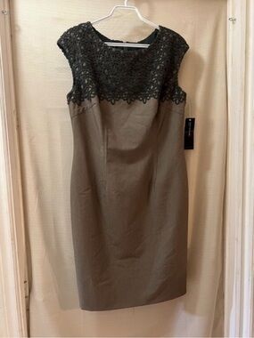 Jones New York Embroidered Neck Sheath Dress Taupe Size 12 NWT Chic Fitted